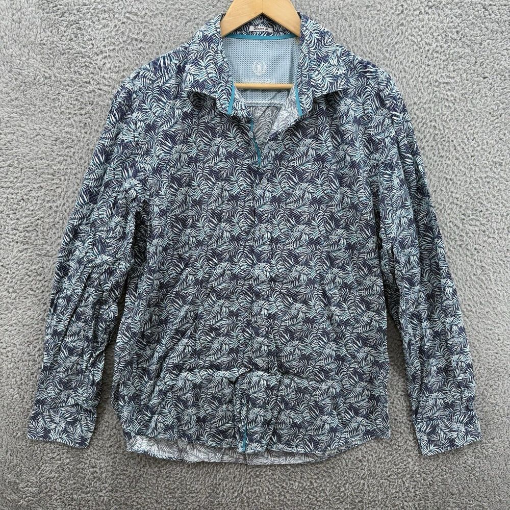 Bugatchi Uomo Blue Tropical Print Long Sleeve Button Up Shirt Mens XL Shaped Fit